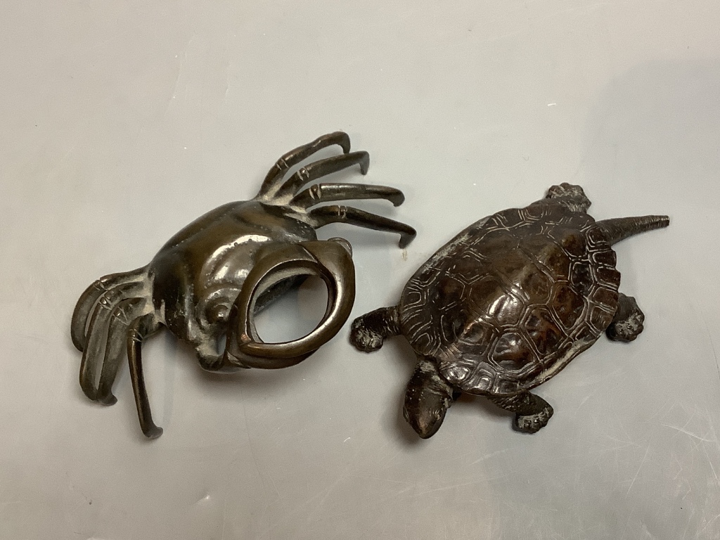 A Japanese bronze turtle and a crab, width 12cm